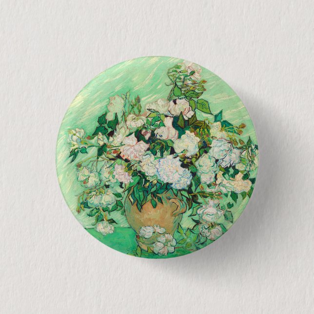 Vincent Van Gogh Vase with Pink Roses Fine Art 1 Inch Round Button (Front)