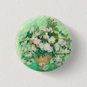 Vincent Van Gogh Vase with Pink Roses Fine Art 1 Inch Round Button