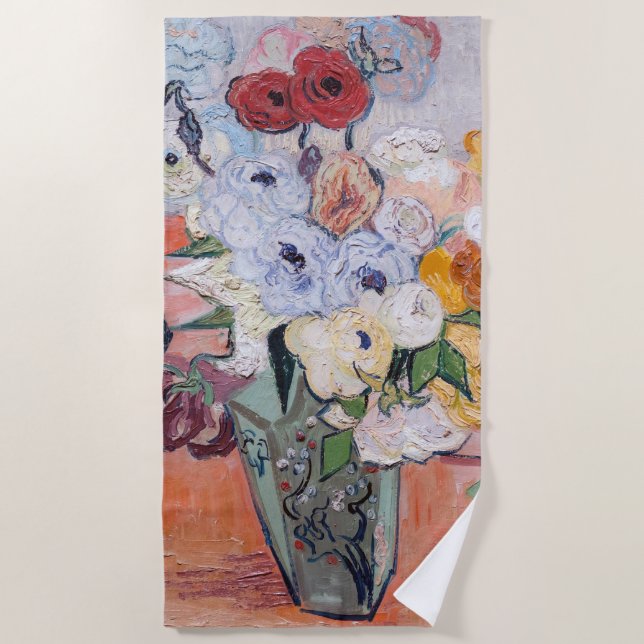 Vincent van Gogh - Vase with Roses & Anemones Beach Towel (Front)
