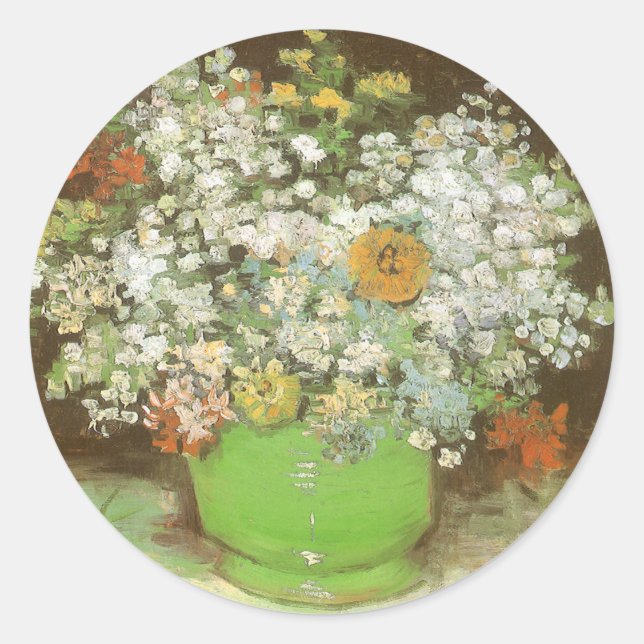 Vincent van Gogh - Vase with Zinnias and Flowers Classic Round Sticker (Front)