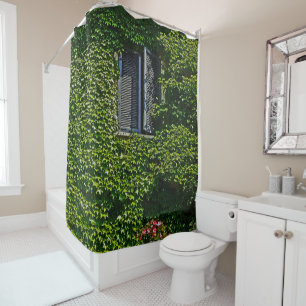VINE-COVERED WALL/BLUE SHUTTERS/SHOWER CURTAIN