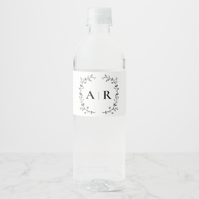 Vine Scroll Wedding Monogram, Couple Initials Water Bottle Label (Front)