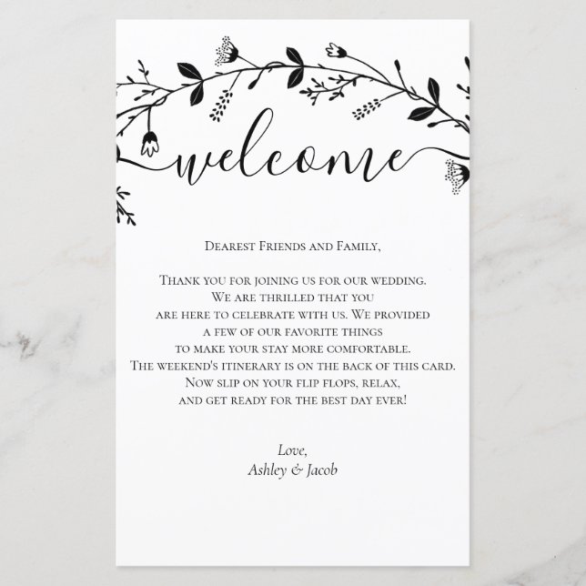 Vine Scroll Wedding Welcome Letter, Itinerary (Front)