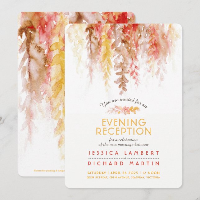 Vines coral red brown wedding evening reception invitation (Front/Back)