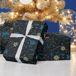 Vines Flowers Botanical Orange Blue Christmas Wrapping Paper