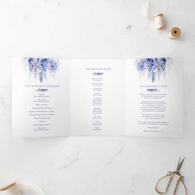 Vines winter blue grey watercolor wedding  Tri-Fold programme (Inside)