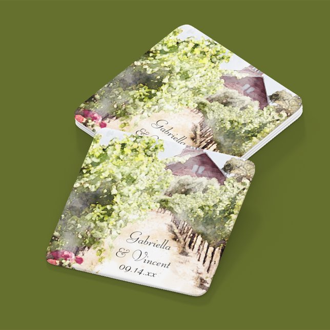 Vineyard and Red Barn Watercolor Wedding Square Paper Coaster (Perfect for use at your vineyard wedding reception cocktail hour or wine tasting bridal shower.)