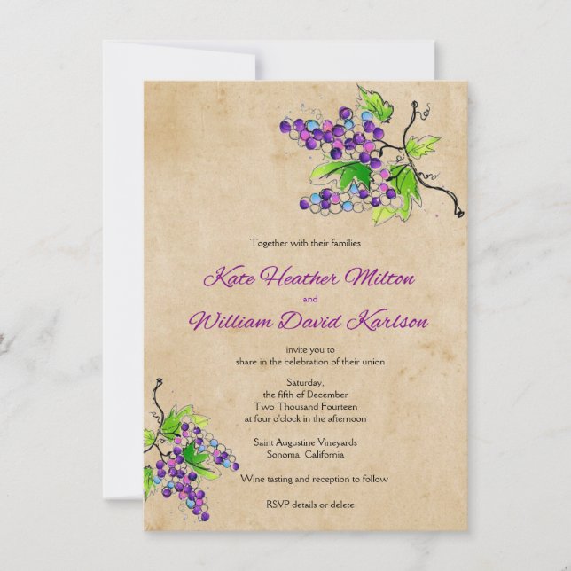 Vineyard Love Artistic Grapes Wedding Invitation (Front)