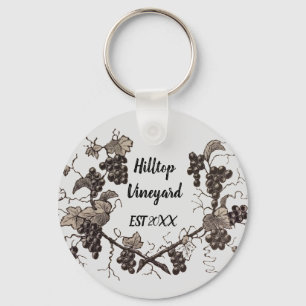 Vineyard Promotion Vintage Sketch Leaves Grapes Keychain