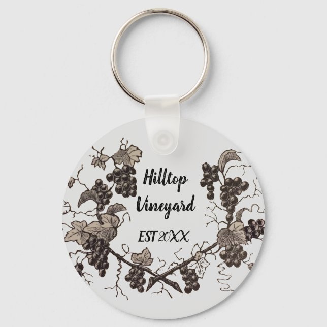 Vineyard Promotion Vintage Sketch Leaves Grapes Keychain (Front)