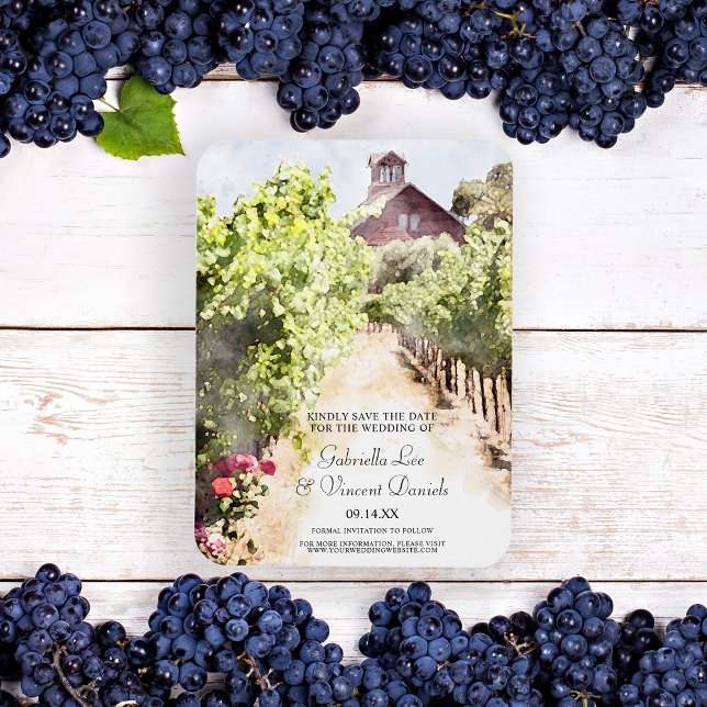Vineyard Red Barn Watercolor Wedding Save the Date Magnet (Set the tone for your winery marriage with the rustic Vineyard and Barn Watercolor Save the Date.)