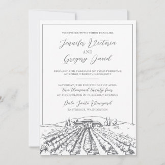 Vineyard Wedding Invitation with Building Drawing