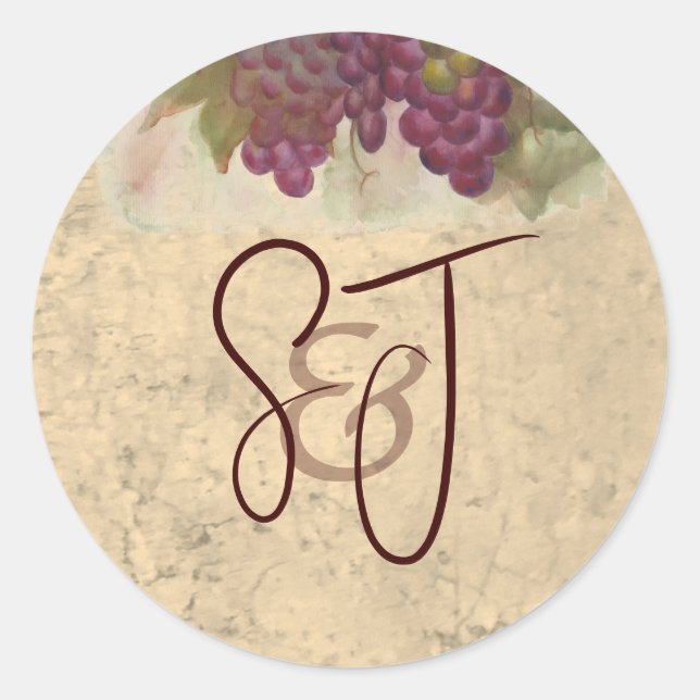 Vineyard Wedding Monogram Personalized Initials Classic Round Sticker (Front)