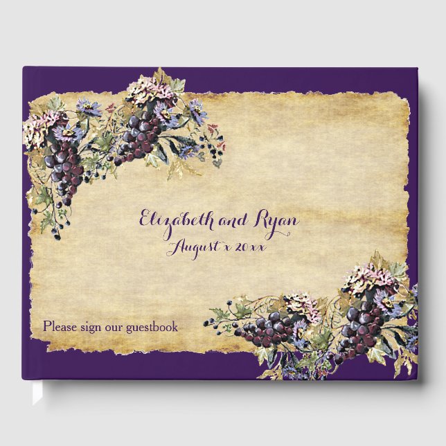 Vineyard Wedding Watercolor Grapes on Rustic Paper Guest Book (Front)