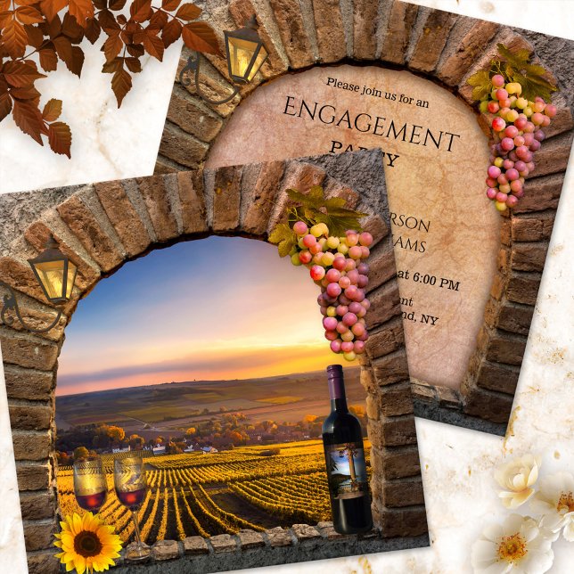 Vineyard Wine Theme Engagement Party Invitation (Festive engagement party invitation featuring a romantic sunset on an Italian vineyard landscape)