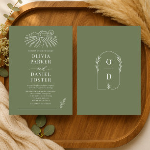 Vineyard Winery Olive Green Line Art Wedding Invitation
