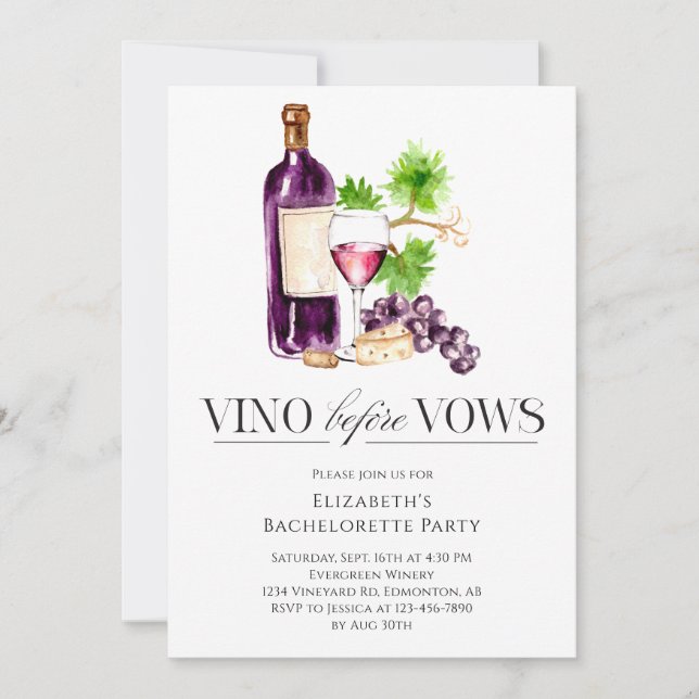 Vino Before Vows Bachelorette Party Wine  Invitation (Front)
