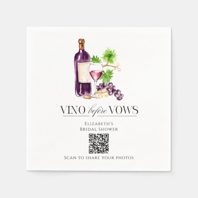Vino Before Vows Bridal Shower QR Code Photo Share Napkin (Front)