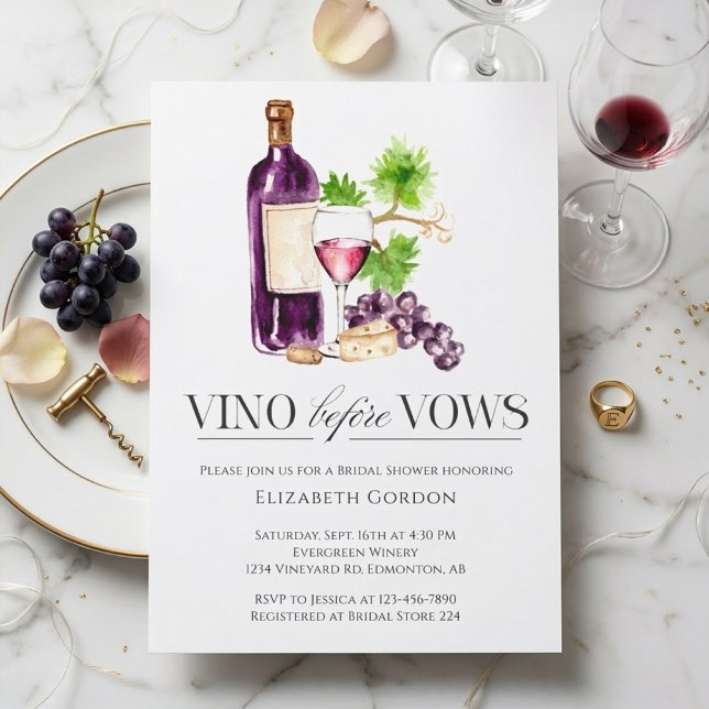 Vino Before Vows Bridal Shower Watercolor Wine Invitation (Creator Uploaded)