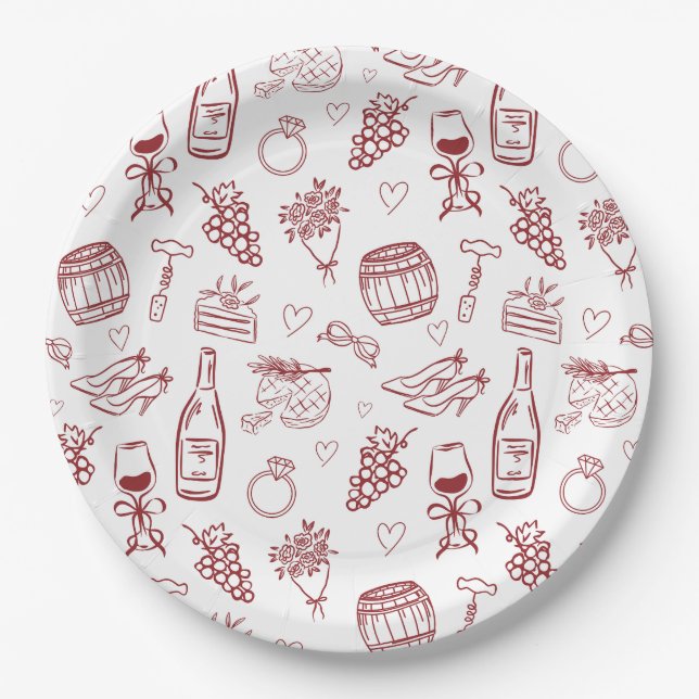 Vino Before Vows Burgundy Bridal Shower Paper Plate (Front)