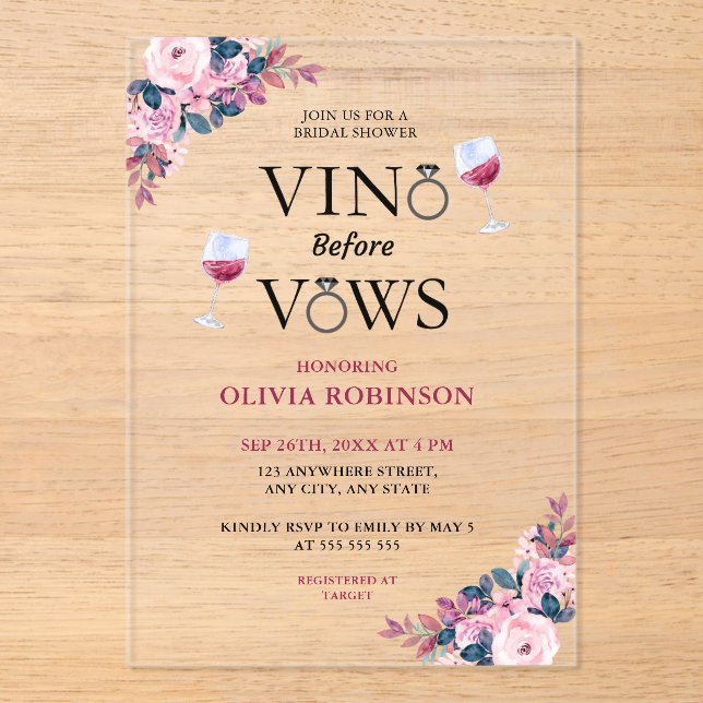 Vino Before Vows Floral Wine Theme Bridal Shower  Acrylic Invitations (Front)