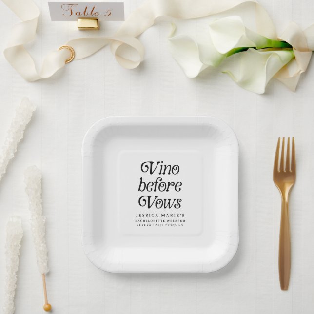 Vino Before Vows | Minimal Retro Bachelorette  Paper Plate (Wedding)