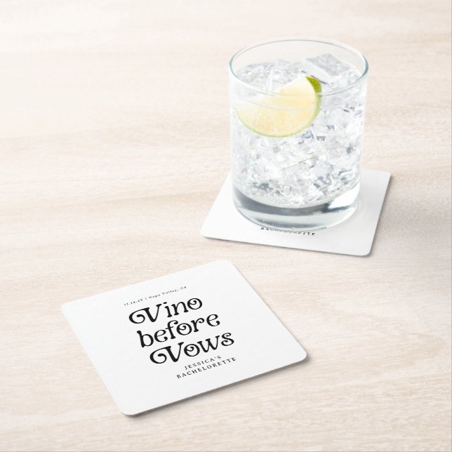 Vino Before Vows | Minimal Retro Bachelorette  Square Paper Coaster (Insitu)