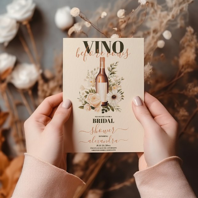Vino before Vows Modern White Floral Bridal Shower Invitation (Creator Uploaded)