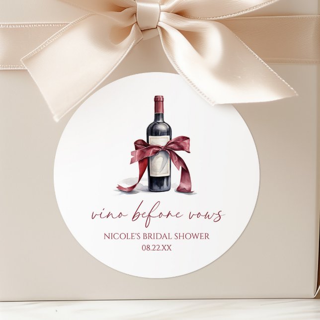 Vino Before Vows Red Wine Bottle Bow Bridal Shower Classic Round Sticker (Creator Uploaded)