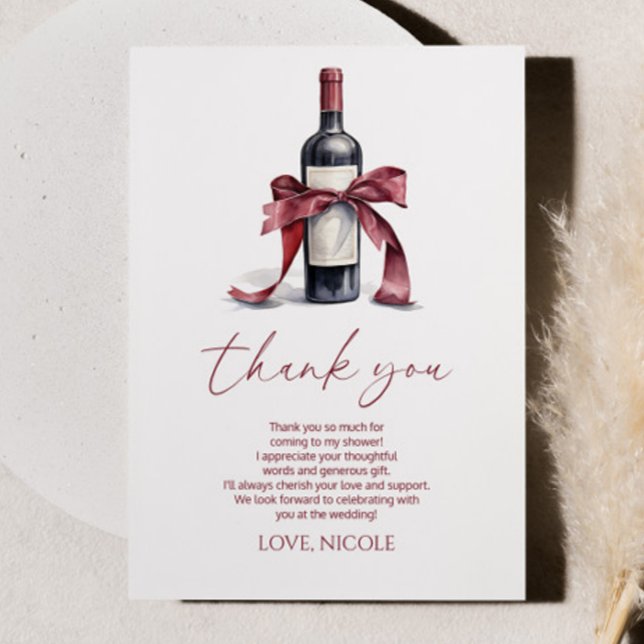 Vino Before Vows Red Wine Bottle Bow Bridal Shower Thank You Card (Creator Uploaded)