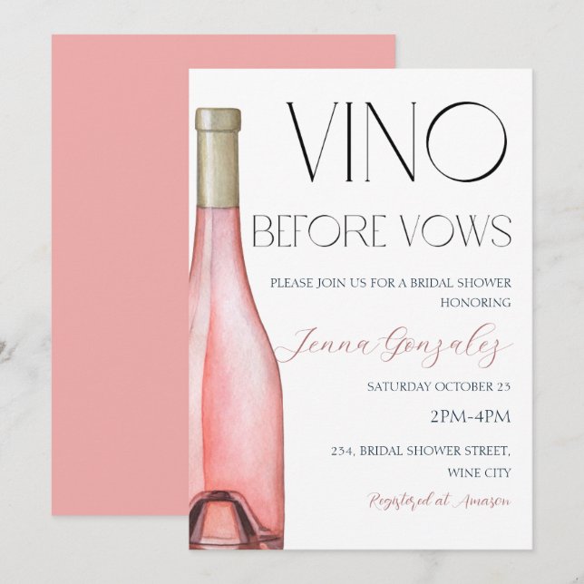 Vino Before Vows Rose Pink Wine Bridal Shower Invitation (Front/Back)