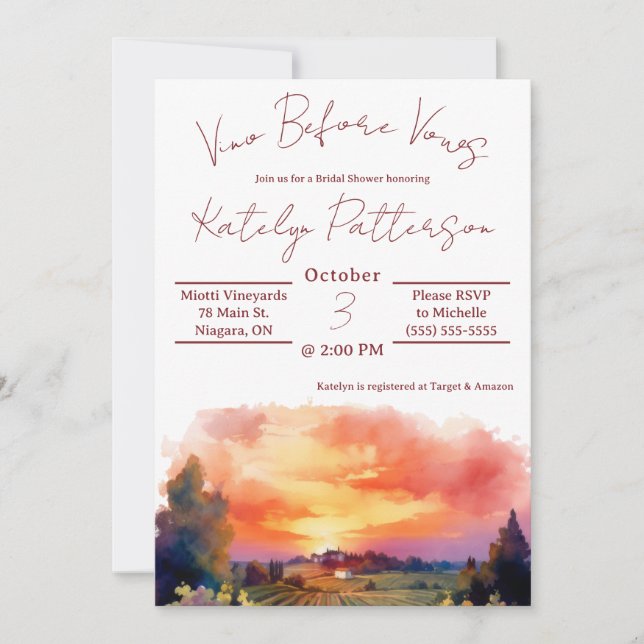 Vino Before Vows, Vineyard Bridal Shower Invitation (Front)