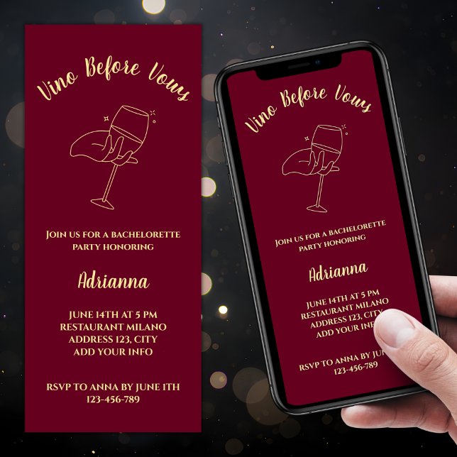 Vino Before Vows Wine Burgundy Golden Bachelorette Invitation (Vino Before Vows Bachelorette Party Invitation Wine Elegant Burgundy And Golden Wine Glass)