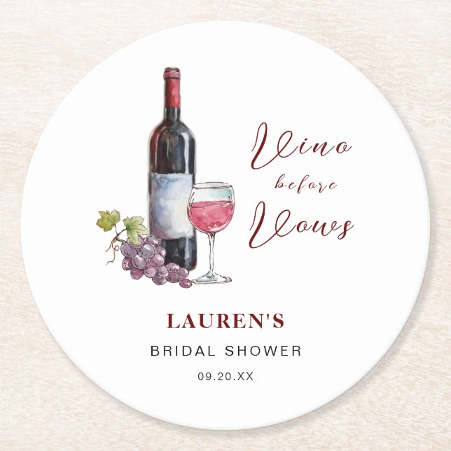 Vino before Vows Wine Theme Bridal Shower Round Paper Coaster (Front)