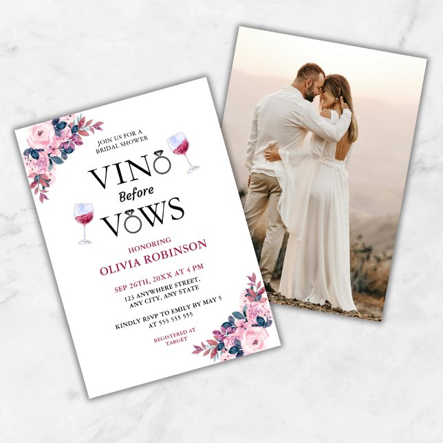 Vino Before Vows Wine Theme Photo Bridal Shower  Invitation (Vino Before Vows Floral Photo Wine Bridal Shower Invitation  )
