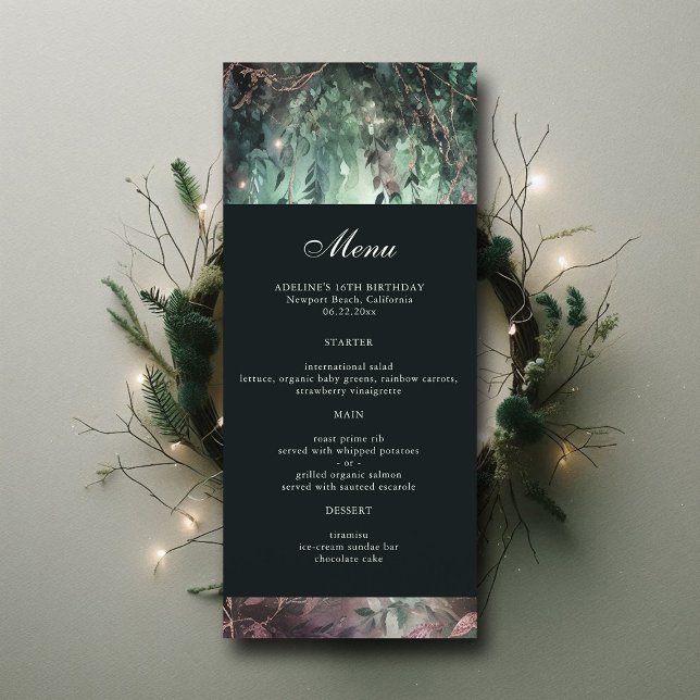 Vins de forêt enchantés Gold Mauve Élégant Menu (enchanted forest sweet 16 birthday menu moody emerald green dripping lights watercolor calligraphy)