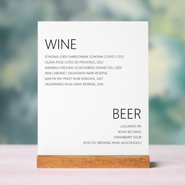 Vins minimalistes modernes Boissons Menu Mariage (Neutre)