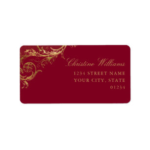 Vintag Burgundy Gold Floral Damask Script Wedding Label