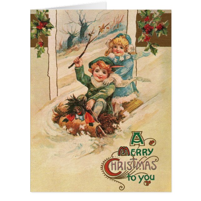 Vintag Joyeux Noël, Enfants sur Sleigh (Devant)