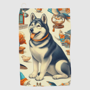 Vintagae Korean Jindo Dog Illustration Golf Towel