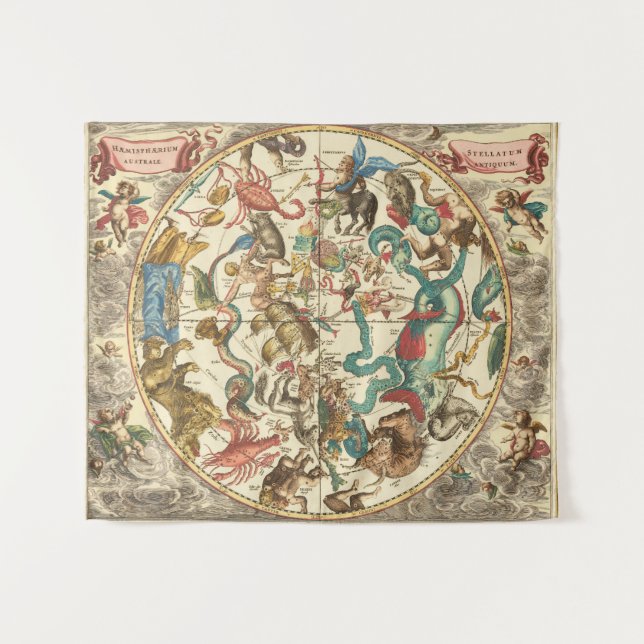 Vintage 1660 Southern Hemisphere Star Map Tapestry (Front (Horizontal))