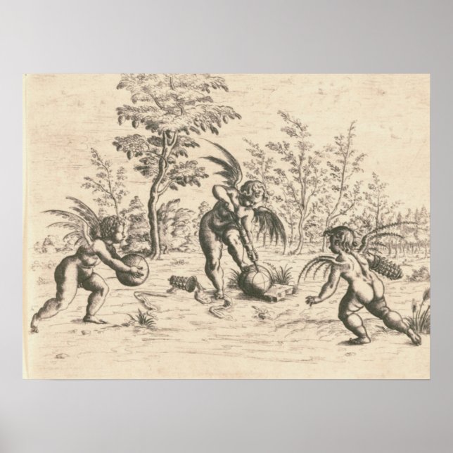 Vintage 16th century Three Cupids Playing Ball Poster (Front)