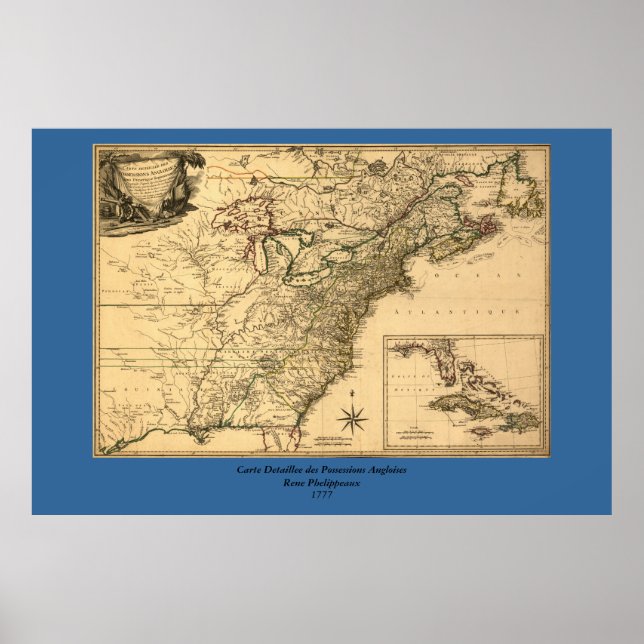 Vintage 1777 American Colonies Map by Phelippeaux Poster (Front)