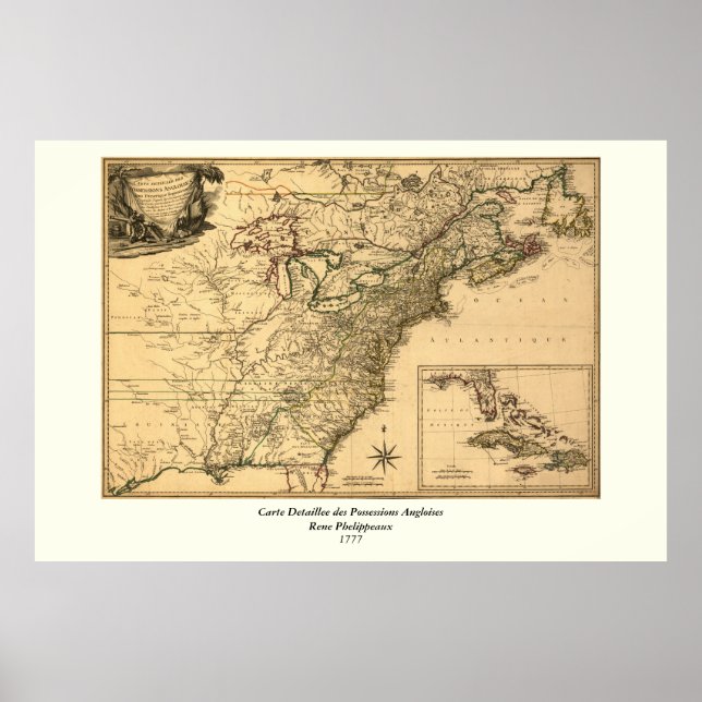Vintage 1777 American Colonies Map by Phelippeaux Poster (Front)