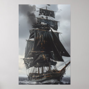 Vintage 17th Century Black Tall Ship at Full Sail  Poster