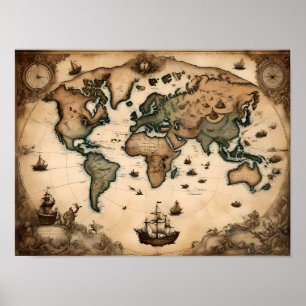 Vintage 17th-Century World Map, Historical Art Poster