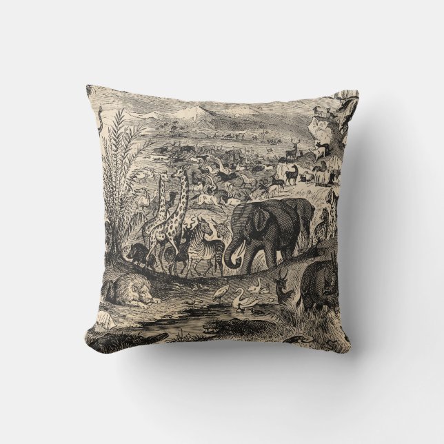 Vintage 1800s African Animal Illustration Animals Throw Pillow (Front)
