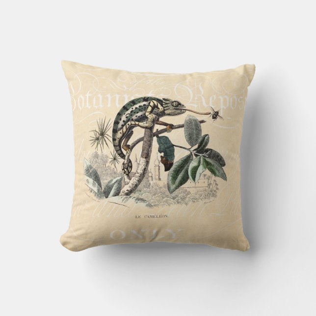 Vintage 1800s Chameleon Lizard Retro Chameleons Throw Pillow (Front)