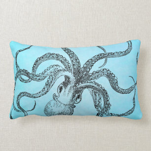 Vintage 1800s Octopus on Teal Blue Watercolor Lumbar Pillow