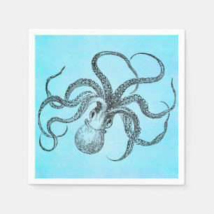 Vintage 1800s Octopus Teal Watercolor Blue Napkin
